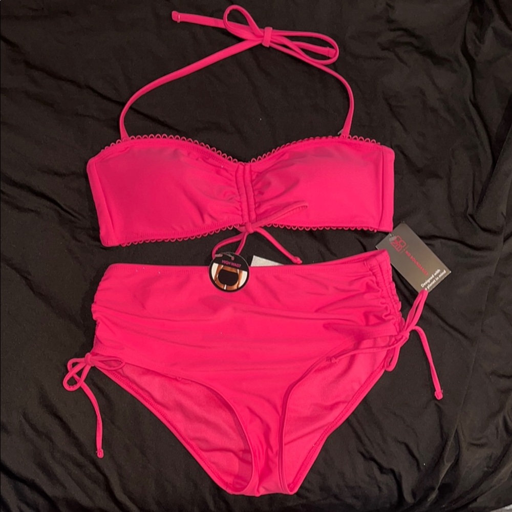NWT No Boundaries Hot Pink Side Tie High Waisted Bikini Set‎ L